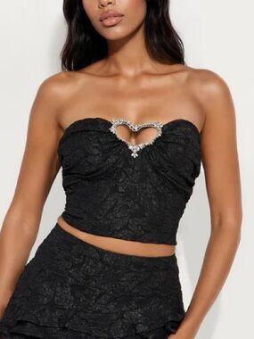 Fashion Nova “Sweetheart Status” Black Tube Top with Heart Crystal Accent
